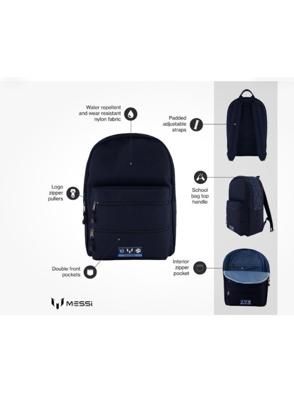 Messi Lifestyle Backpack, Bookbag WPockets & Adjustable Straps, Dark Blue, New